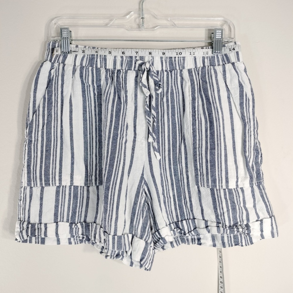Blue Sol Blue White Striped Shorts; Linen Blend Elastic Waist Cuffed M